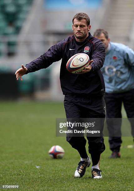 Mark Cueto kicks the ball upfield during the England training session held at Twickenham Stadium on February 26, 2010 in London, England.