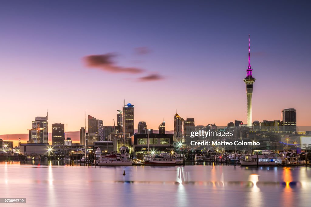 Auckland financial district and harbour at dawn, New Zealand