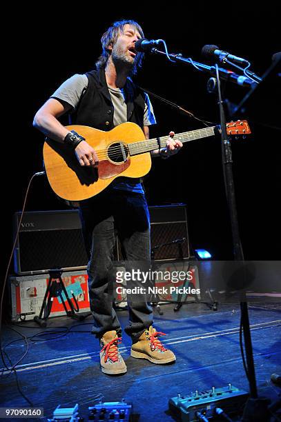 Thom Yorke performs at the Cambridge Corn Exchange during a fundraising event for the local Green MP Candidate on February 25, 2010 in Cambridge,...
