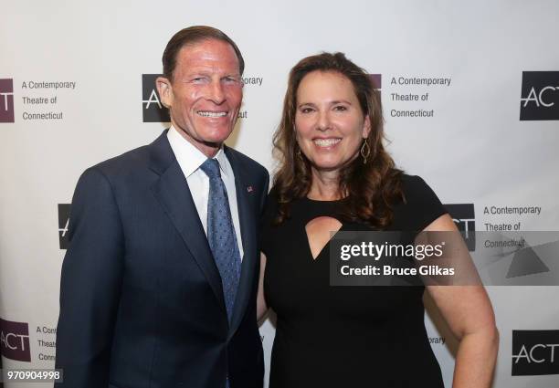 Connecticut Senator Richard Blumenthal and ACT Board Member Betsy Brand pose at the Opening Night Gala for"Mamma Mia!" at ACT of Connecticut on June...