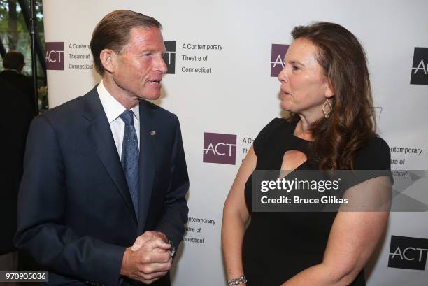 Connecticut Senator Richard Blumenthal and ACT Board Member Betsy Brand chat at the Opening Night Gala for"Mamma Mia!" at ACT of Connecticut on June...