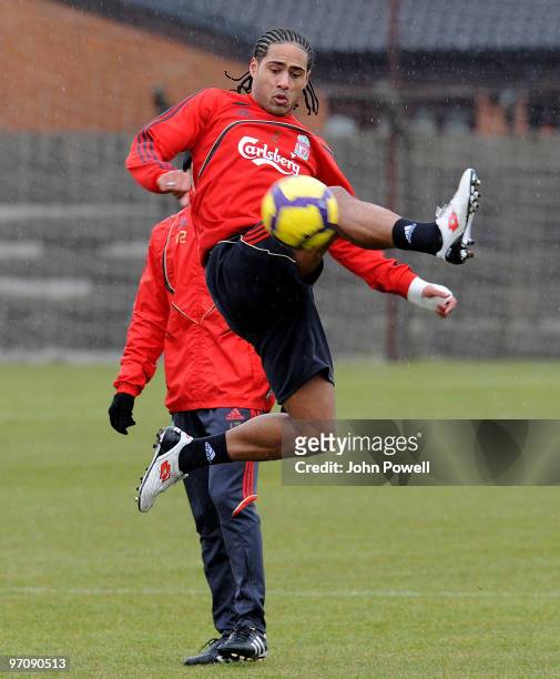 Glen Johnson of Liverpool in action during a training session at Melwood Training Ground on February 26, 2010 in Liverpool, England.