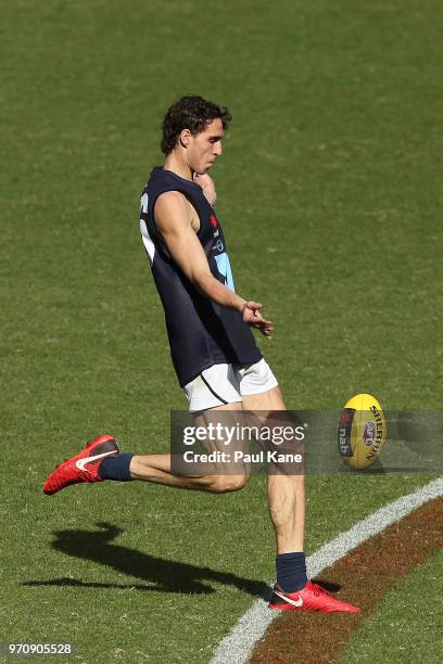 Ben King of VIC metro kicks on goal during the 2018 NAB AFL Under-18 Championships match between Western Australia and Vic Metro at Optus Stadium on...