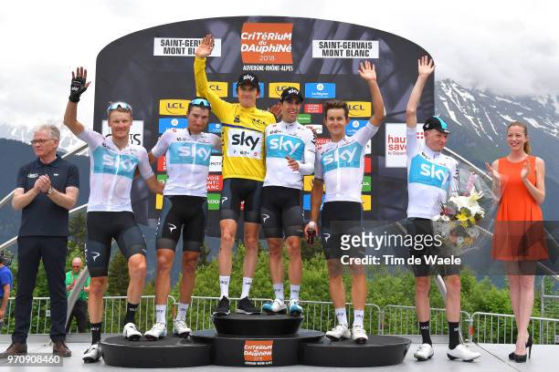 Podium / Dylan Van Baarle of The Netherlands / Gianni Moscon of Italy / Geraint Thomas of Great Britain Yellow Leader Jersey / Jonathan Castroviejo...