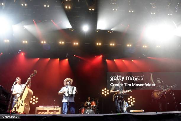 Morgan Jahnig, Critter Fuqua, Ketch Secor, and Chance McCoy of Old Crow Medicine Show perform during the 2018 Bonnaroo Music & Arts Festival on June...