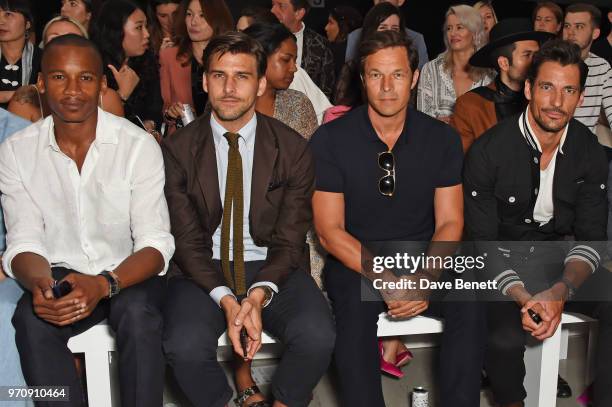 Eric Underwood, Johannes Huebl, Paul Sculfor and David Gandy attend the Christopher Raeburn show during London Fashion Week Men's June 2018 at the...