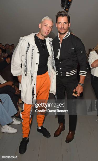 Example and David Gandy attend the Christopher Raeburn show during London Fashion Week Men's June 2018 at the BFC Show Space on June 10, 2018 in...