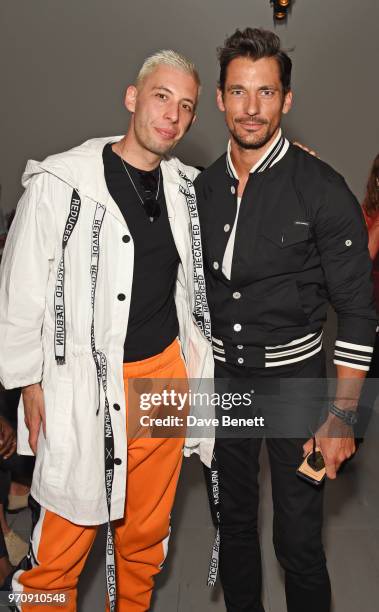 Example and David Gandy attend the Christopher Raeburn show during London Fashion Week Men's June 2018 at the BFC Show Space on June 10, 2018 in...