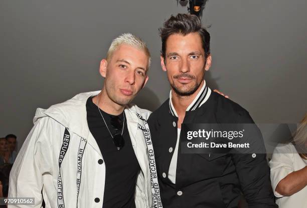 Example and David Gandy attend the Christopher Raeburn show during London Fashion Week Men's June 2018 at the BFC Show Space on June 10, 2018 in...