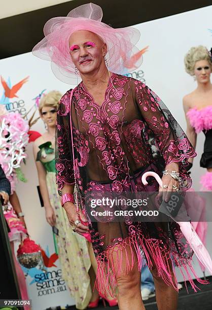 Participant parades for the judges during the "Fashions on the Field" at the Pink Stiletto Gay and Lesbian Race Day at Royal Randwick Racecourse in...