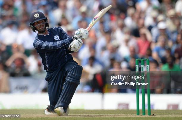 Calum MacLeod of Scotland bats during the One-Day International match between Scotland and England at Grange cricket club ground on June 10, 2018 in...