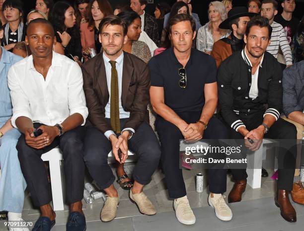 Eric Underwood, Johannes Huebl, Paul Sculfor and David Gandy attend the Christopher Raeburn show during London Fashion Week Men's June 2018 at the...