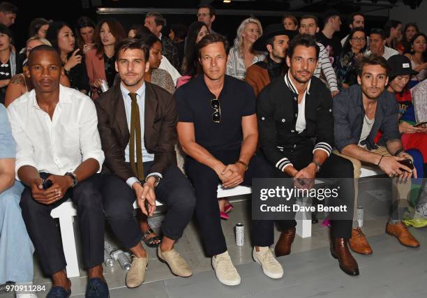 Eric Underwood, Johannes Huebl, Paul Sculfor, David Gandy and Deano Bugatti attend the Christopher Raeburn show during London Fashion Week Men's June...