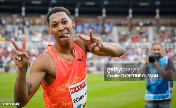 Juan Miguel Echevarria of Cuba celebrates after winning the men's long jump event at the IAAF Diamond League 2018 meeting at Stockholm Olympic...
