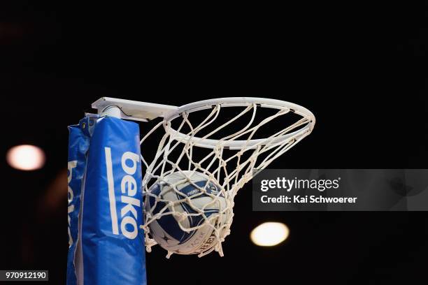 Ball goes into a basket during the round six ANZ Premiership match between the Northern Stars and the Southern Steel at Horncastle Arena on June 10,...