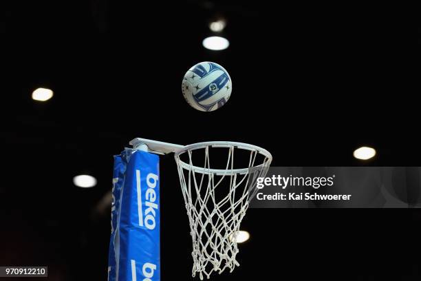 Ball goes into a basket during the round six ANZ Premiership match between the Northern Stars and the Southern Steel at Horncastle Arena on June 10,...