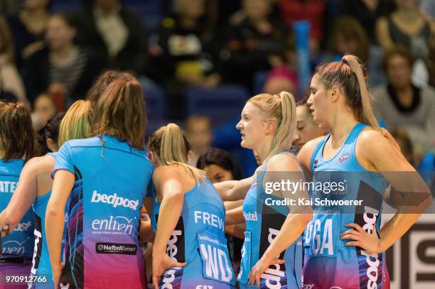 Shannon Francois of the Steel and her team mates huddle during the round six ANZ Premiership match between the Northern Stars and the Southern Steel...