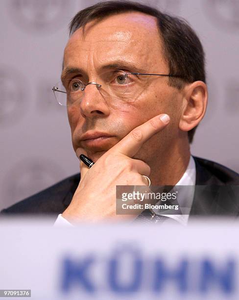 Werner Baumann, a member of the board of management of Bayer AG, pauses during a news conference in Leverkusen, Germany, on Friday, Feb. 26, 2010....