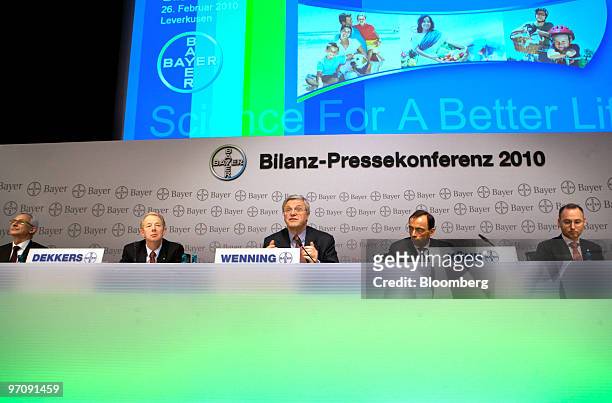 Marijn Dekkers, management board member and incoming chief executive officer of Bayer AG, second from left, Werner Wenning, chief executive officer...