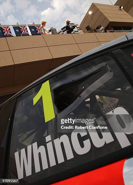 Jamie Whincup driver of the Team Vodafone Holden celebrates after winning race one for round two of the V8 Supercar Championship Series at Bahrain...