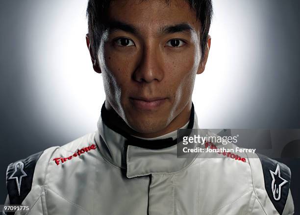 Takuma Sato driver of the KV Racing Honda Dallara poses for a portrait during the IRL Indy Car Series Media Day at Barber Motorsports Park on...