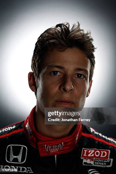 Marco Andretti driver of the Venom Energy Drink Andretti Autosport Honda Dallara poses for a portrait during the IRL Indy Car Series Media Day at...