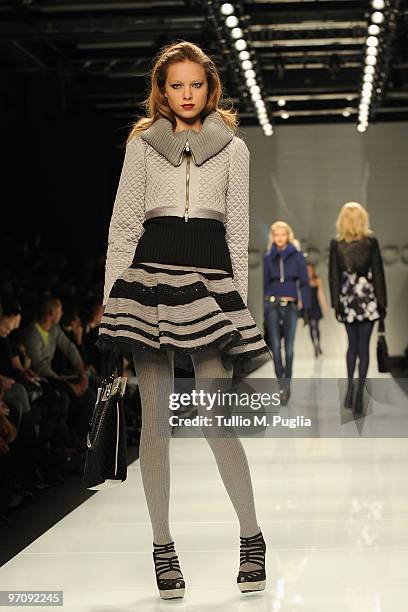 Model walks the runway during the RoccoBarocco Milan Fashion Week Autumn/Winter 2010 show on February 26, 2010 in Milan, Italy.