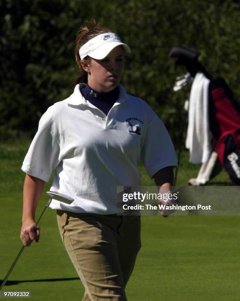 Stephanie Connelly of Northeast High strides towards the putting green during the Anne Arundel County Golf Chapionship.