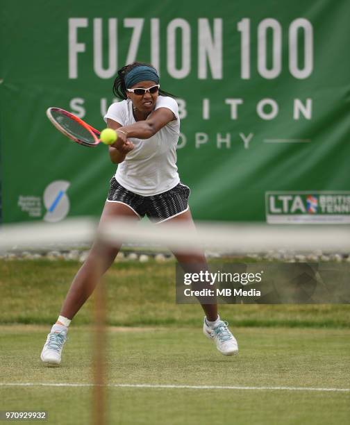 Victoria Duval on Day Six of the Fuzion 100 Surbiton Trophy at the Surbiton Racket & Fitness Club on June 7 , 2018 in Surbiton,England