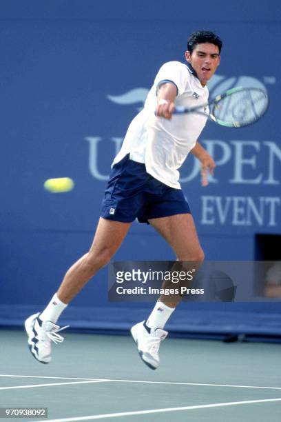 Mark Phillippoussis plays tennis at the US Open circa 1998 in New York City.