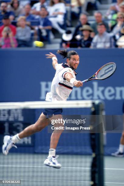 Patrick Rafter plays tennis at the US Open circa 1998 in New York City.