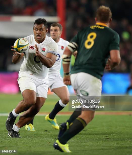 Billy Vunipola of England catches the ball during the first test match between South Africa and England at Elllis Park on June 9, 2018 in...