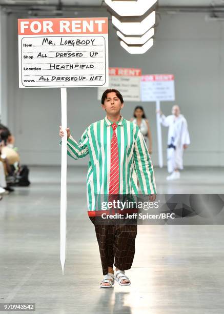 Model walks the runway at the Rottingdean Bazaar show as part of the MAN show during London Fashion Week Men's June 2018 on June 10, 2018 at the Old...