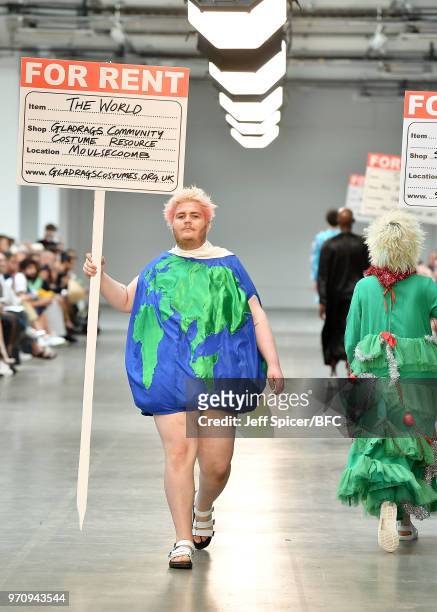 Model walks the runway at the Rottingdean Bazaar show as part of the MAN show during London Fashion Week Men's June 2018 on June 10, 2018 at the Old...