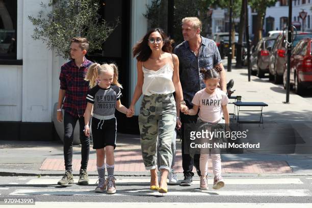 Myleene Klass seen heading to BBC Radio 2 with her boyfriend Simon Motson and their children on June 10, 2018 in London, England.