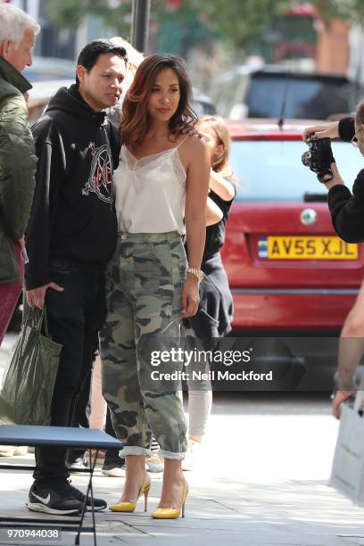 Myleene Klass seen heading to BBC Radio 2 with her boyfriend Simon Motson and their children on June 10, 2018 in London, England.