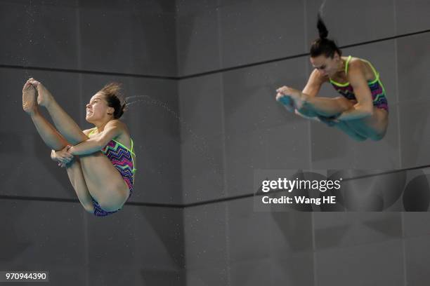 Viktorya Kesar and Anna Pysmenska of Ukraine compete in the women's 3m Synchro Springboard final on FINA Diving World Cup 2018 at the Wuhan Sports...