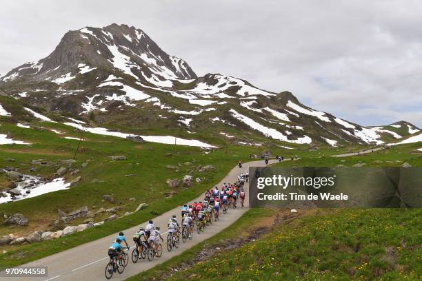 Peloton / Cormet de Roselend Mountains / Snow / Landscape / during the 70th Criterium du Dauphine 2018, Stage 7 a 136km stage from Moutiers to...