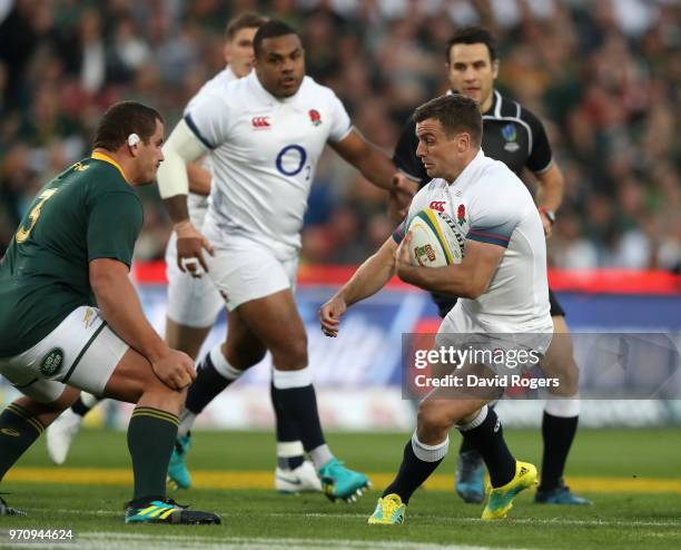 George Ford of England charges upfield during the first test match between South Africa and England at Elllis Park on June 9, 2018 in Johannesburg,...