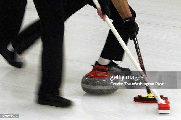 Jahi chikwendiu The Alaska team tries to score during the finals of the US Mixed National Curling Championships between Washington and Alaska at...