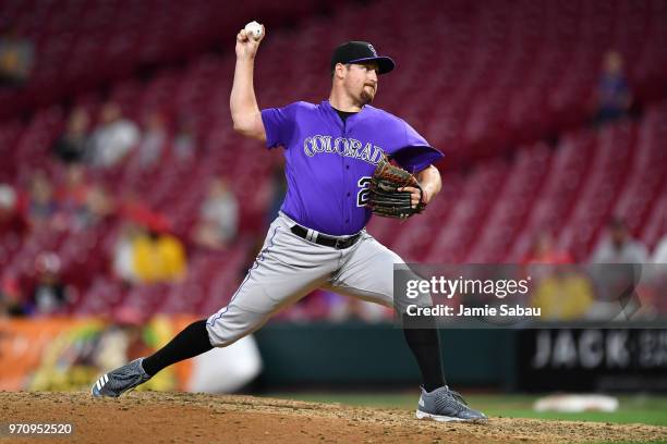 Bryan Shaw of the Colorado Rockies pitches against the Cincinnati Reds at Great American Ball Park on June 5, 2018 in Cincinnati, Ohio.