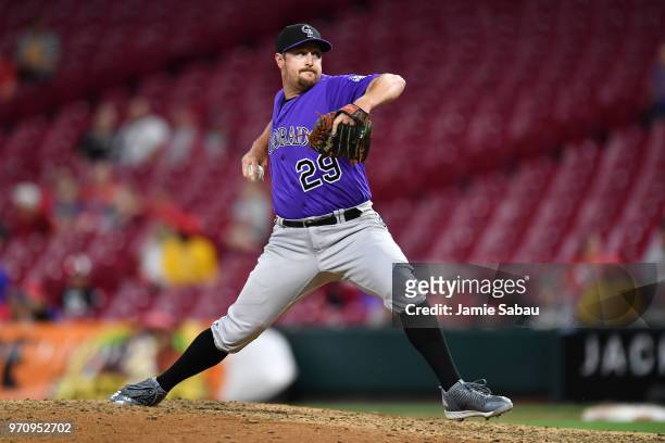 Bryan Shaw of the Colorado Rockies pitches against the Cincinnati Reds at Great American Ball Park on June 5, 2018 in Cincinnati, Ohio.