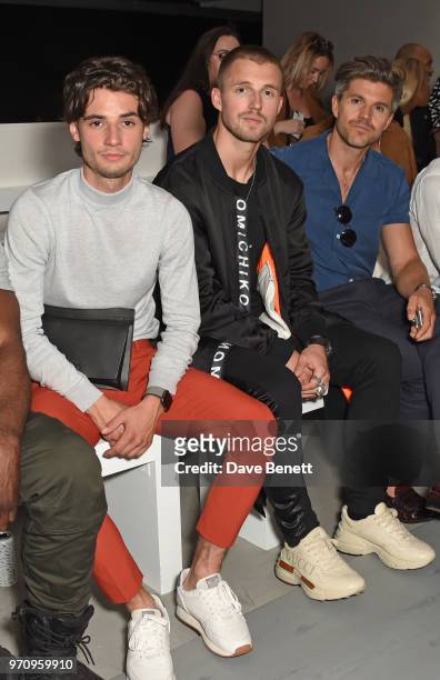 Jack Brett Anderson, Marcus Butler and Darren Kennedy attend the Alex Mullins show during London Fashion Week Men's June 2018 at the BFC Show Space...