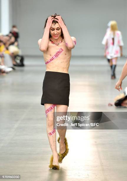 Designer Tom Barratt walks the runway at the Art School show as part of the MAN show during London Fashion Week Men's June 2018 on June 10, 2018 at...