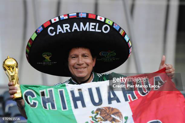 Fan of Mexico display his national flag during International Friendly match between Denmark v Mexico at Brondby Stadion on June 9, 2018 in Brondby,...