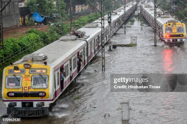 Waterlogging on railway track between Sion and Matunga after heavy rains, on June 9, 2018 in Mumbai, India. Mumbai received heavy rainfall today...