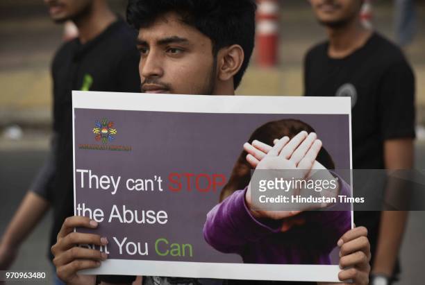 Students take part in Child Sexual Abuse Awareness Walk from Nirbhaya Bus Stand at Munrika Village, on June 10, 2018 in New Delhi, India.