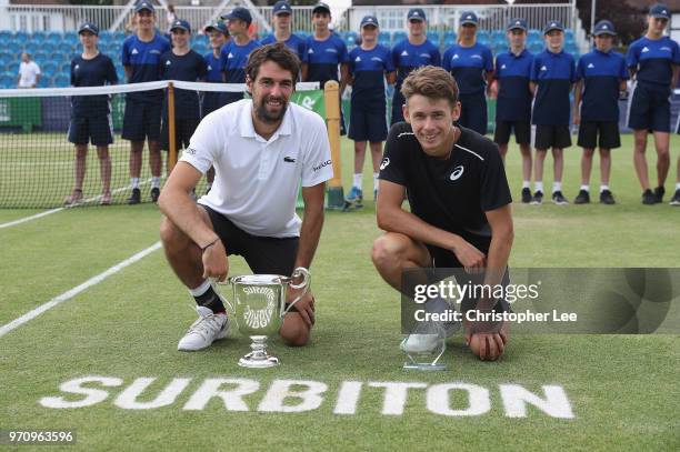 Winner, Jeremy Chardy of France with the Surbiton Trophy and Runner Up, Alex De Minaur of Australia pose for the camera during their Mens Final match...