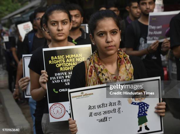 Students take part in Child Sexual Abuse Awareness Walk from Nirbhaya Bus Stand at Munrika Village, on June 10, 2018 in New Delhi, India.