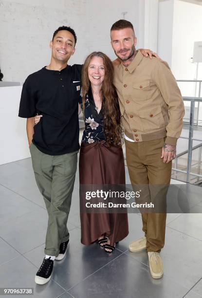 Loyle Carner and mother Jean Coyle-Larner with David Beckham at the Kent & Curwen show during London Fashion Week Men's June 2018 at 11 Floral Street...